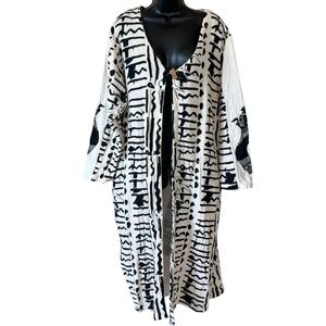 Ashro Black & White African Tribal Print Mudcloth Duster Jacket